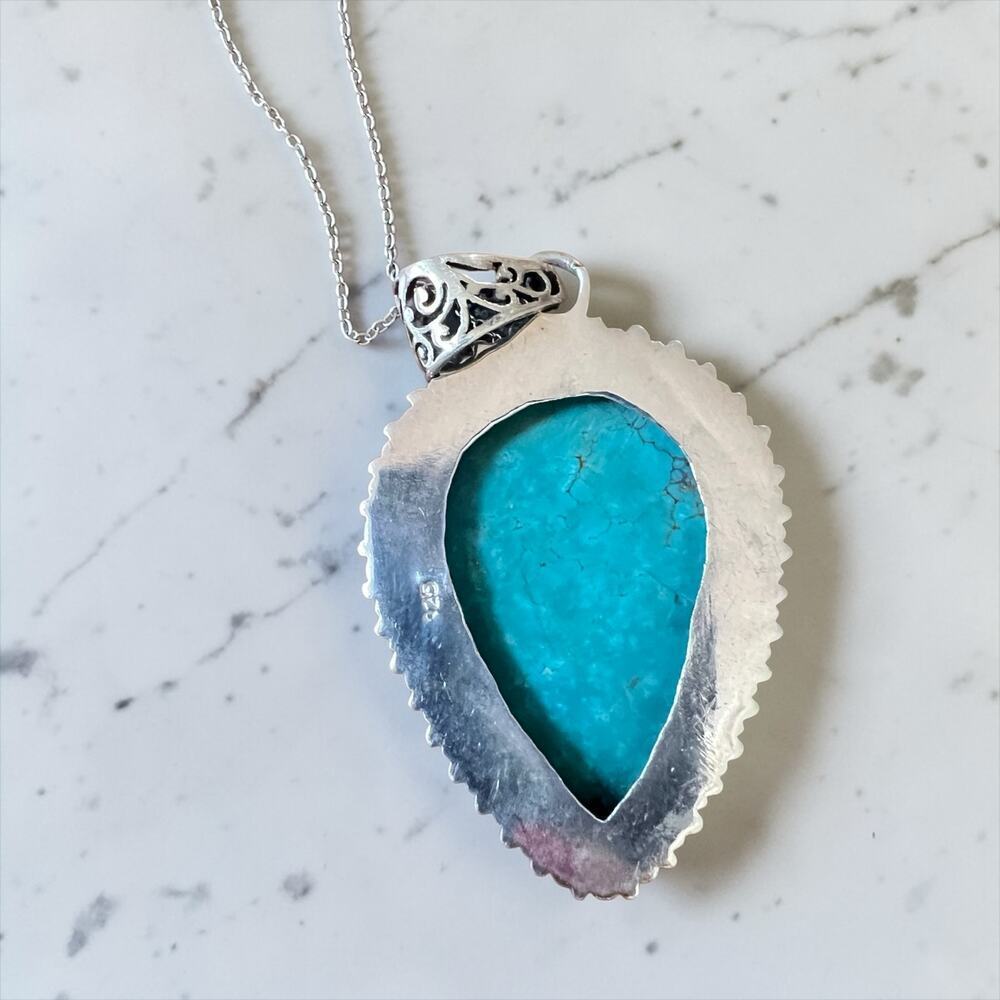 925 Sterling Silver Turquoise Teardrop Pendant Necklace Southwestern 18” chain - Picture 5 of 8